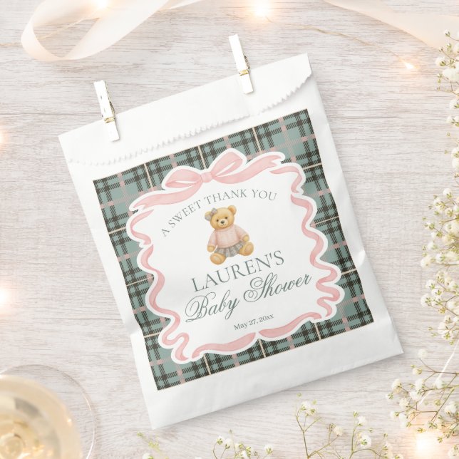 Pink Coquette Bow Bear Plaid Baby Shower Dessert Favor Bag (Clipped)