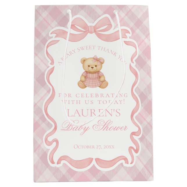 Pink Coquette Bow Bear Plaid Baby Shower Favors Medium Gift Bag (Front)