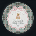 Pink Coquette Bow Bear Plaid Baby Shower  Paper Plates<br><div class="desc">We can bearly wait! Welcome your little girl in timeless style with our Preppy Bear Baby Shower Collection. Featuring a classic teddy in a green tartan plaid dress with a pink coquette bow,  this design brings a touch of vintage prep and country club charm to your celebration.</div>