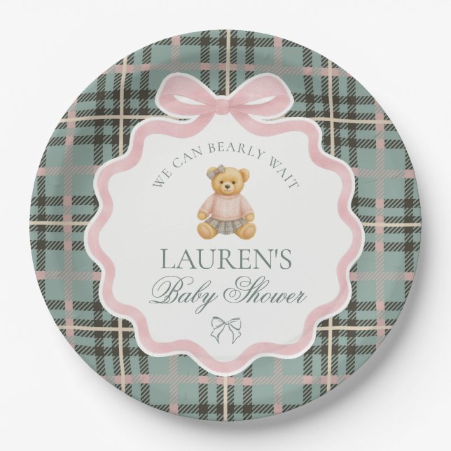 Pink Coquette Bow Bear Plaid Baby Shower  Paper Plates (Front)