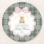 Pink Coquette Bow Bear Plaid Baby Shower  Round Paper Coaster<br><div class="desc">We can bearly wait! Welcome your little girl in timeless style with our Preppy Bear Baby Shower Collection. Featuring a classic teddy in a green tartan plaid dress with a pink coquette bow,  this design brings a touch of vintage prep and country club charm to your celebration.</div>
