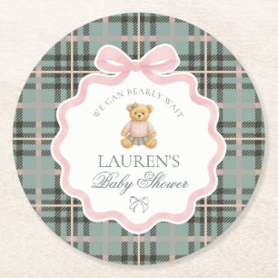 Pink Coquette Bow Bear Plaid Baby Shower Round Paper Coaster