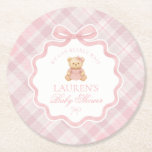 Pink Coquette Bow Bear Plaid Baby Shower  Round Paper Coaster<br><div class="desc">We can bearly wait! Welcome your little girl in timeless style with our Preppy Bear Baby Shower Collection. Featuring a classic teddy in a pastel pink tartan plaid dress with a pink coquette bow,  this design brings a touch of vintage prep and country club charm to your celebration.</div>