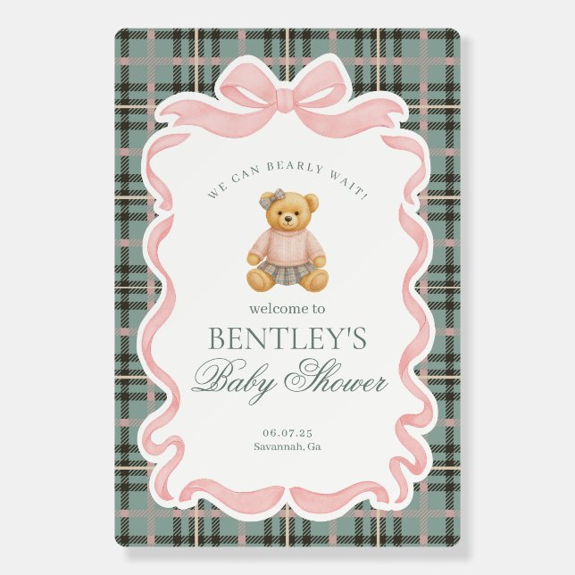 Pink Coquette Bow Bear Plaid Baby Shower Welcome Foam Board (Front)