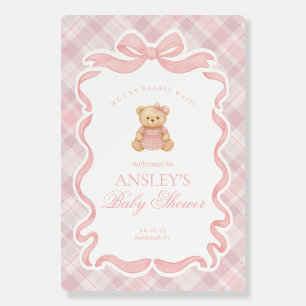 Pink Coquette Bow Bear Plaid Baby Shower Welcome Foam Board