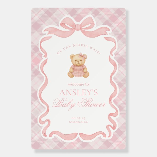 Pink Coquette Bow Bear Plaid Baby Shower Welcome Foam Board (Front)