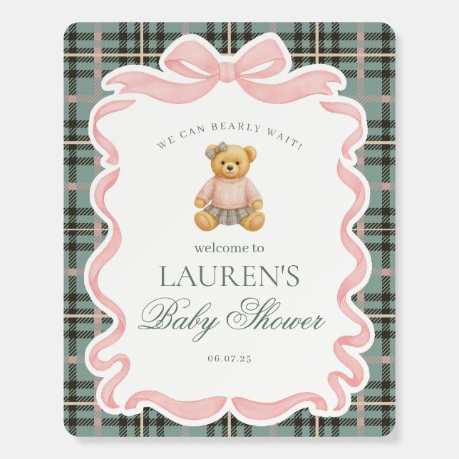 Pink Coquette Bow Bear Plaid Baby Shower Welcome Foam Board (Front)