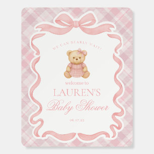 Pink Coquette Bow Bear Plaid Baby Shower Welcome Foam Board
