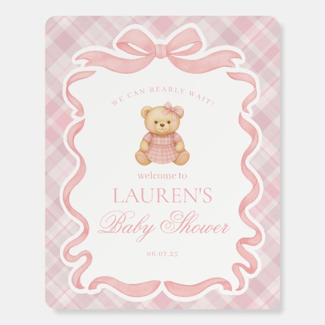 Pink Coquette Bow Bear Plaid Baby Shower Welcome Foam Board (Front)