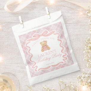 Pink Coquette Bow Bear Plaid Birthday Dessert Favor Bag