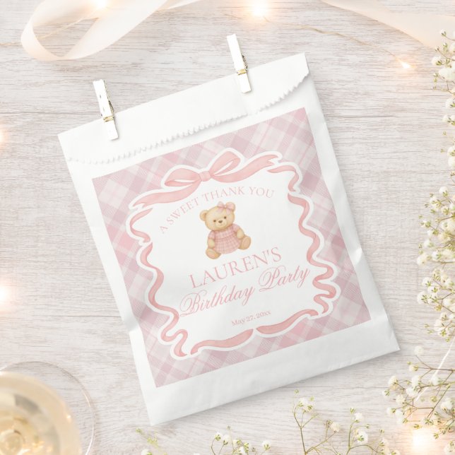 Pink Coquette Bow Bear Plaid Birthday Dessert Favor Bag (Clipped)