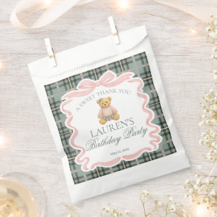Pink Coquette Bow Bear Plaid Birthday Dessert Favor Bag