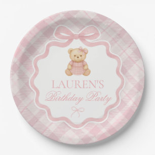 Pink Coquette Bow Bear Plaid Birthday  Paper Plates
