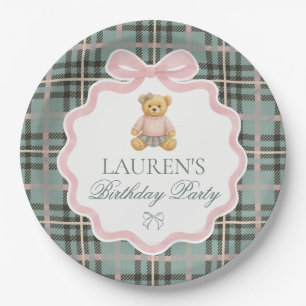 Pink Coquette Bow Bear Plaid Birthday Paper Plates