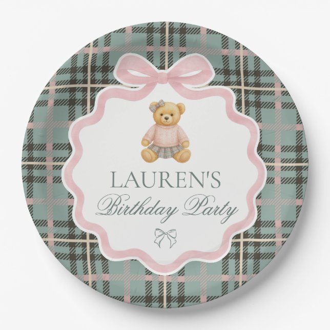 Pink Coquette Bow Bear Plaid Birthday  Paper Plates (Front)