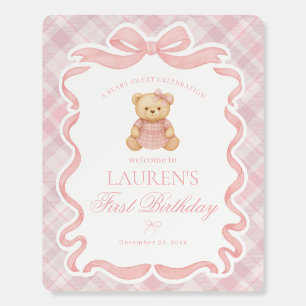 Pink Coquette Bow Bear Plaid Birthday Welcome Foam Board