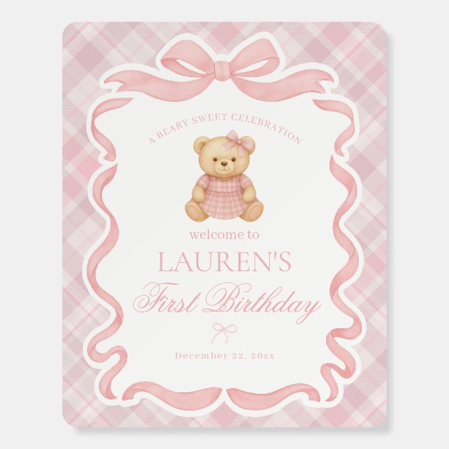 Pink Coquette Bow Bear Plaid Birthday Welcome Foam Board (Front)