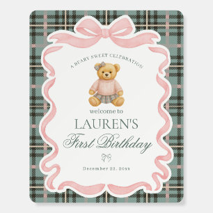 Pink Coquette Bow Bear Plaid Birthday Welcome Foam Board