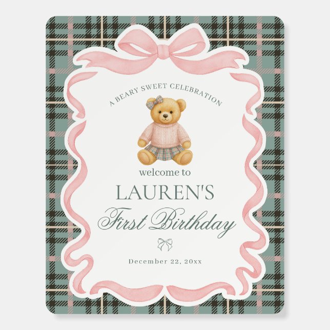 Pink Coquette Bow Bear Plaid Birthday Welcome Foam Board (Front)