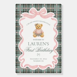 Pink Coquette Bow Bear Plaid Birthday Welcome Foam Board