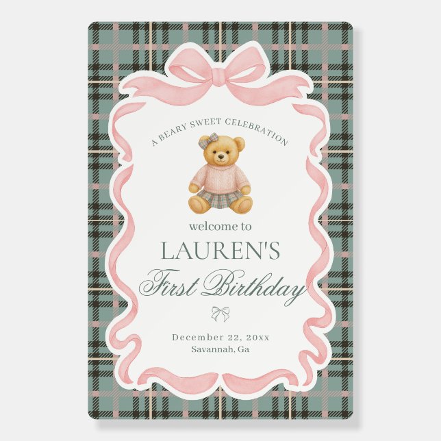 Pink Coquette Bow Bear Plaid Birthday Welcome Foam Board (Front)