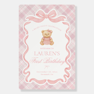 Pink Coquette Bow Bear Plaid Birthday Welcome Foam Board