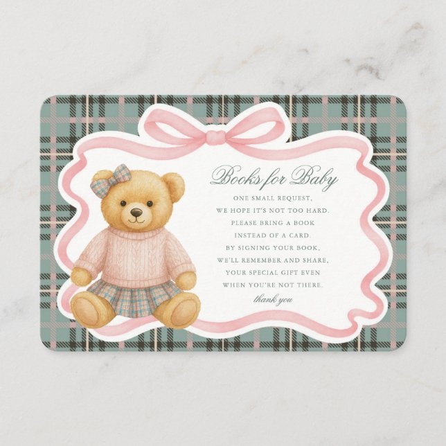 Pink Coquette Bow Bear Plaid Books for Baby Card (Front)