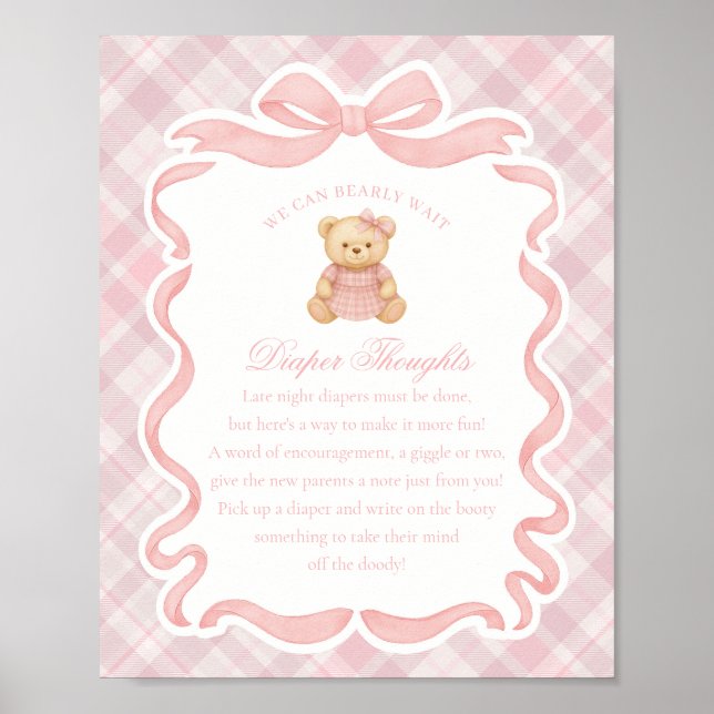 Pink Coquette Bow Bear Plaid Diaper Thoughts Poster (Front)