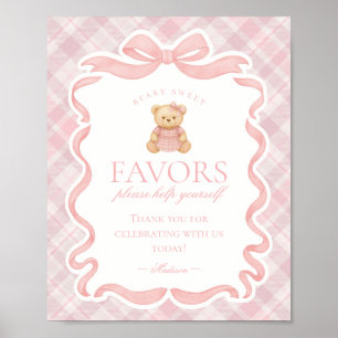Pink Coquette Bow Bear Plaid Party Favors Sign