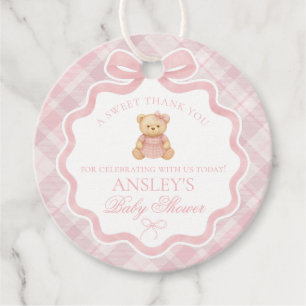 Pink Coquette Bow Bear Tartan Baby Shower Circle Favor Tags