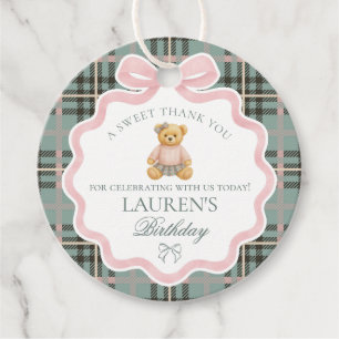 Pink Coquette Bow Bear Tartan Birthday Circle Favor Tags