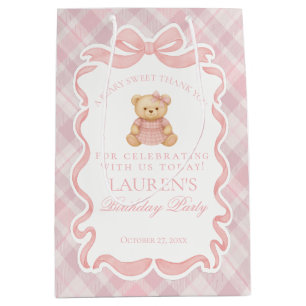 Pink Coquette Bow Bear Tartan Birthday Favors Medium Gift Bag
