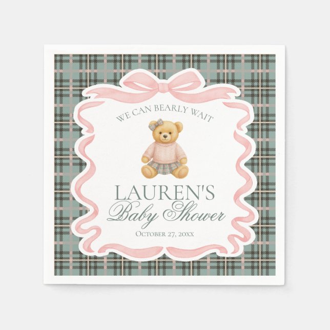 Pink Coquette Bow Bear Tartan Plaid Baby Shower Napkins (Front)
