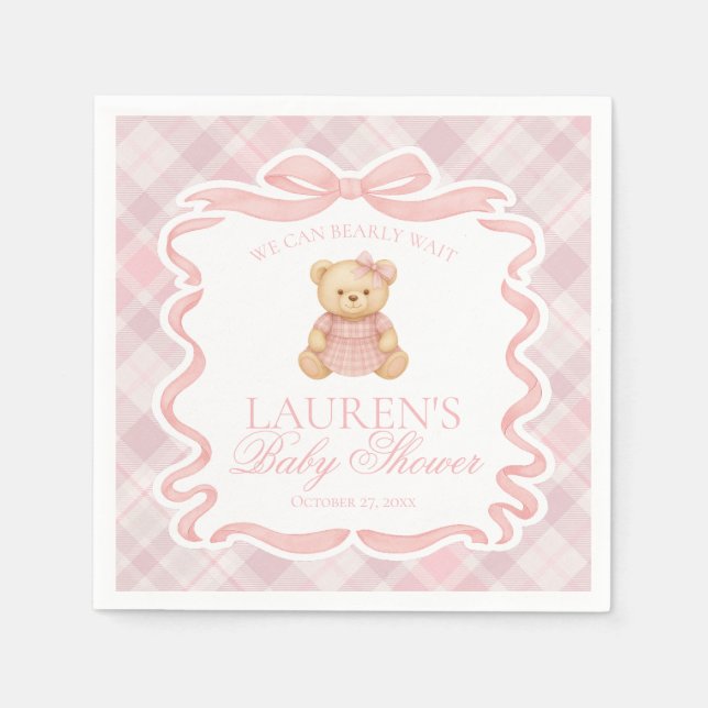 Pink Coquette Bow Bear Tartan Plaid Baby Shower Napkins (Front)