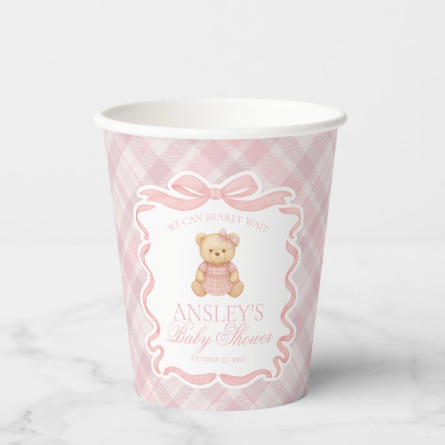 Pink Coquette Bow Bear Tartan Plaid Baby Shower Paper Cups (Front)