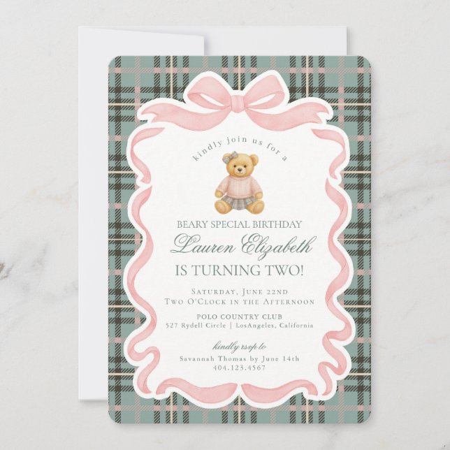 Pink Coquette Bow Bear Tartan Plaid Birthday Invitation (Front)