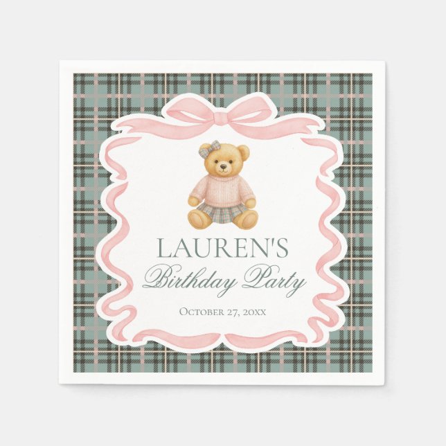 Pink Coquette Bow Bear Tartan Plaid Birthday Napkins (Front)