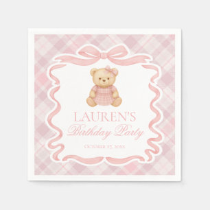 Pink Coquette Bow Bear Tartan Plaid Birthday Napkins