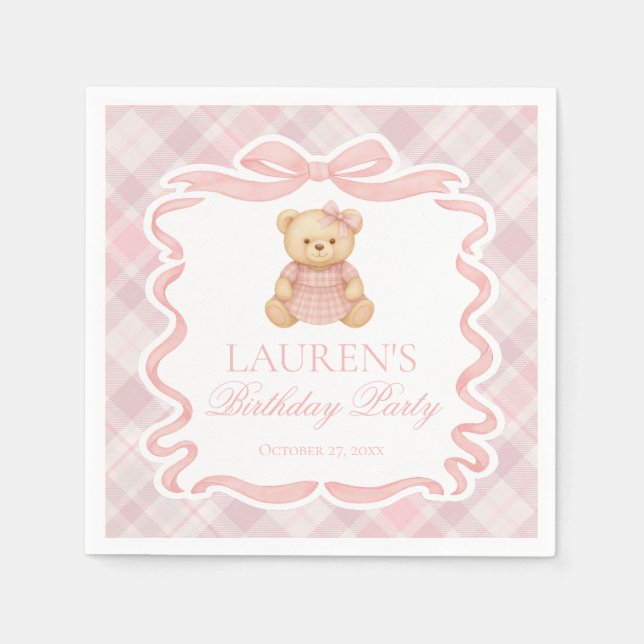 Pink Coquette Bow Bear Tartan Plaid Birthday Napkins (Front)