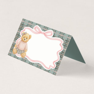 Pink Coquette Bow Bear Tartan Plaid Place Card
