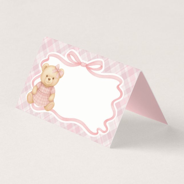 Pink Coquette Bow Bear Tartan Plaid Place Card (Front)