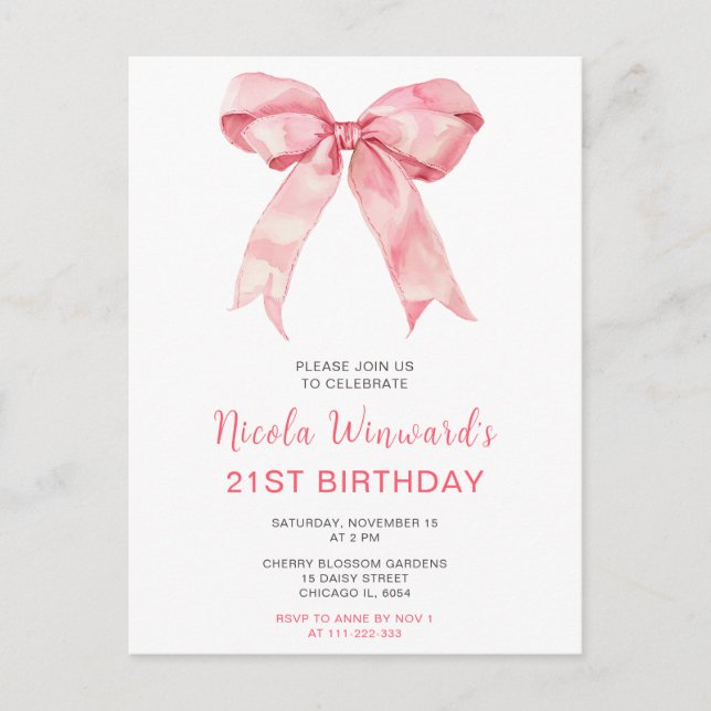 Pink Coquette Bow Birthday Party Postcard (Front)