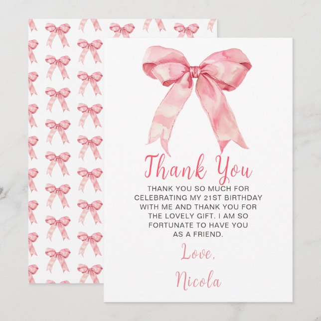 Pink Coquette Bow Birthday Party Thank You Card (Front/Back)