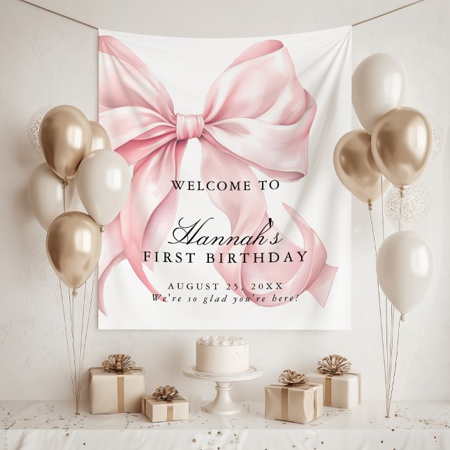 Pink Coquette Bow Birthday Party Welcome Sign Tapestry (Creator Uploaded)