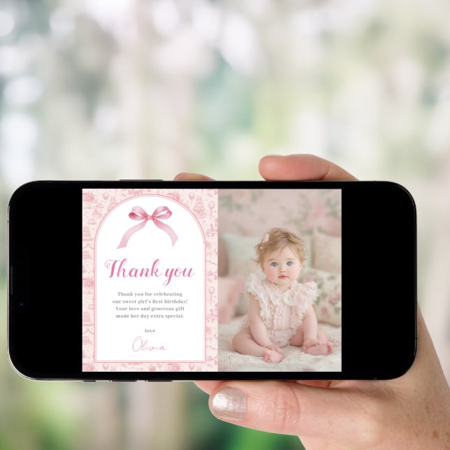 Pink Coquette Bow Birthday Photo Thank You Card (Front Digital)
