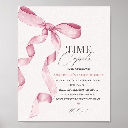 Pink Coquette Bow Birthday Time Capsule Party Sign