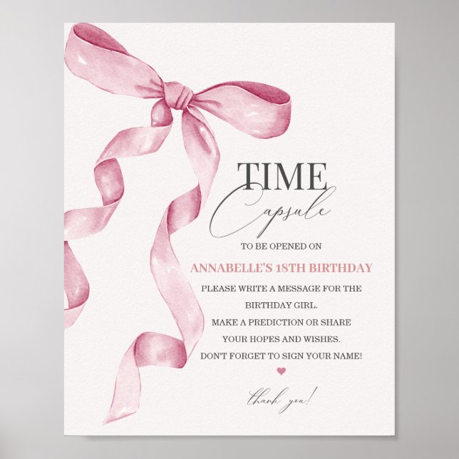 Pink Coquette Bow Birthday Time Capsule Party Sign (Front)