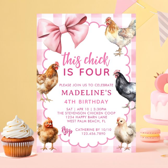 Pink Coquette Bow Boho Girl Chicken Birthday Party Invitation (Creator Uploaded)