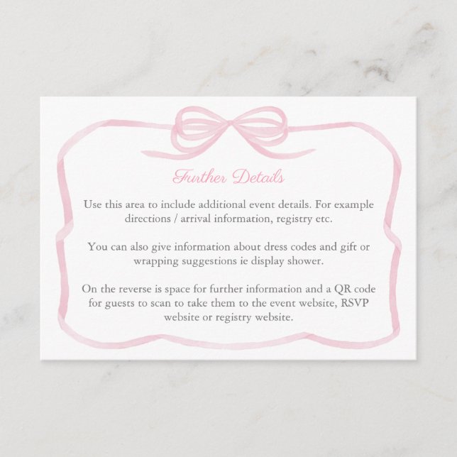 Pink Coquette Bow Bridal Shower Details QR Code  Enclosure Card (Front)
