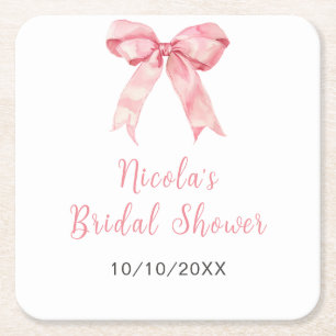 Pink Coquette Bow Bridal Shower Square Paper Coaster